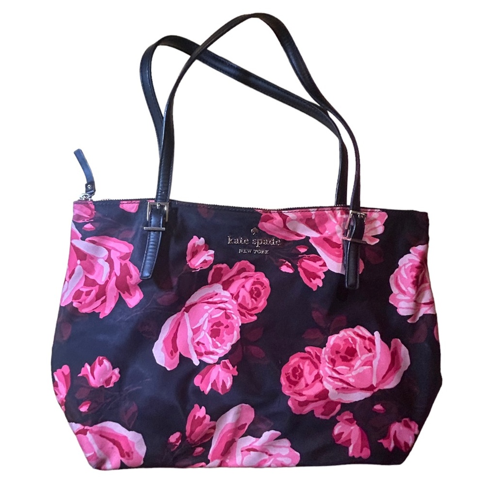 Kate Spade Floral Roses Fabric + Leather Trim Large Black Shoulder Bag Purse - Picture 1 of 15